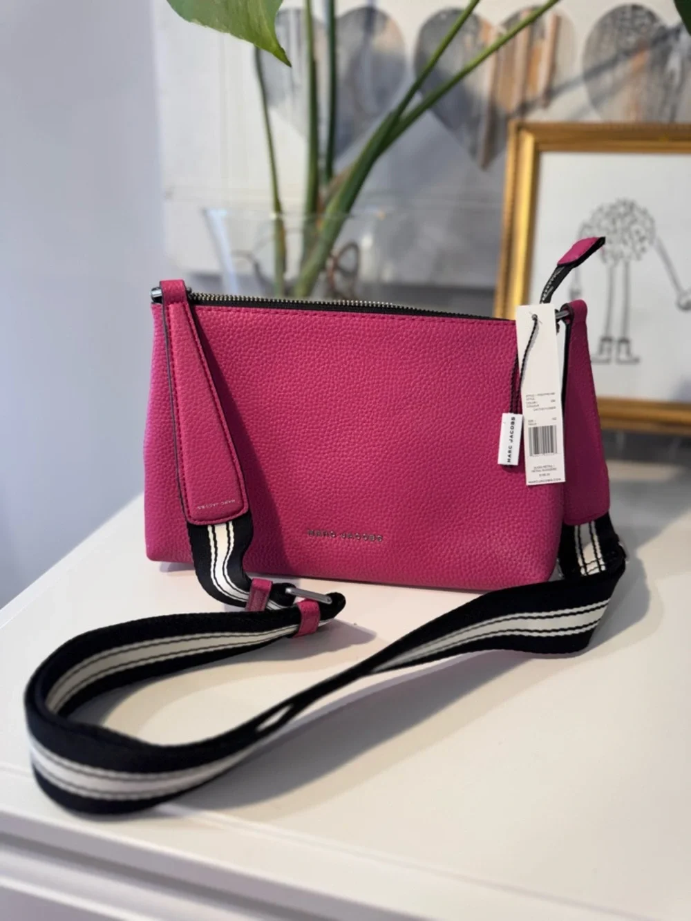 Marc Jacobs Fuchsia Pebbled Leather Crossbody with Striped Strap - Picture 2 of 11